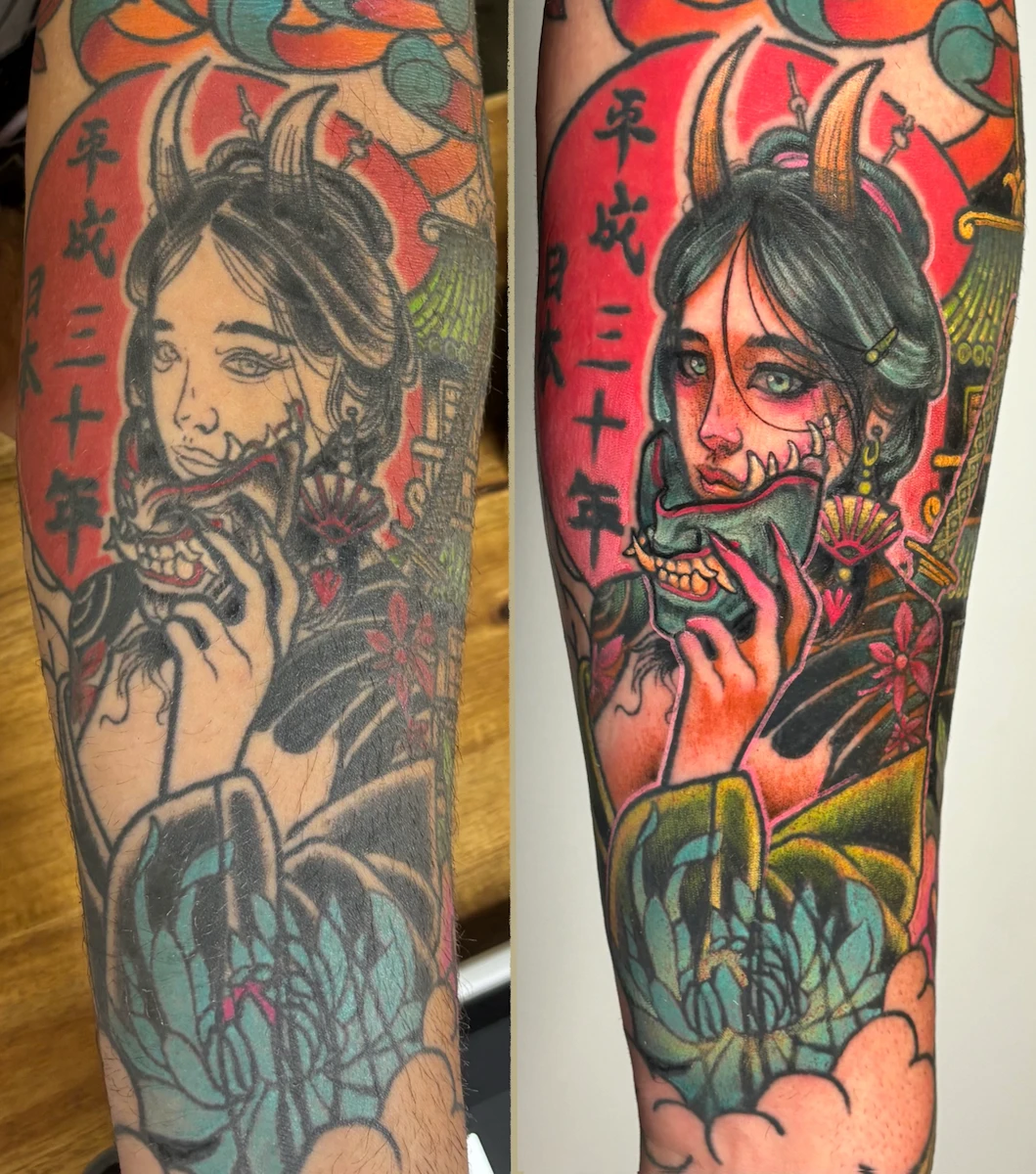 Rattrapage de tatouage représentant une geisha en style néo-trad japonais – Jake Tattoo Parlor à Belfort.