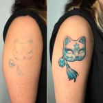 Rattrapage de tatouage représentant un masque de chat en porcelaine, réalisé en style néo-trad couleur – Jake Tattoo Parlor à Belfort.