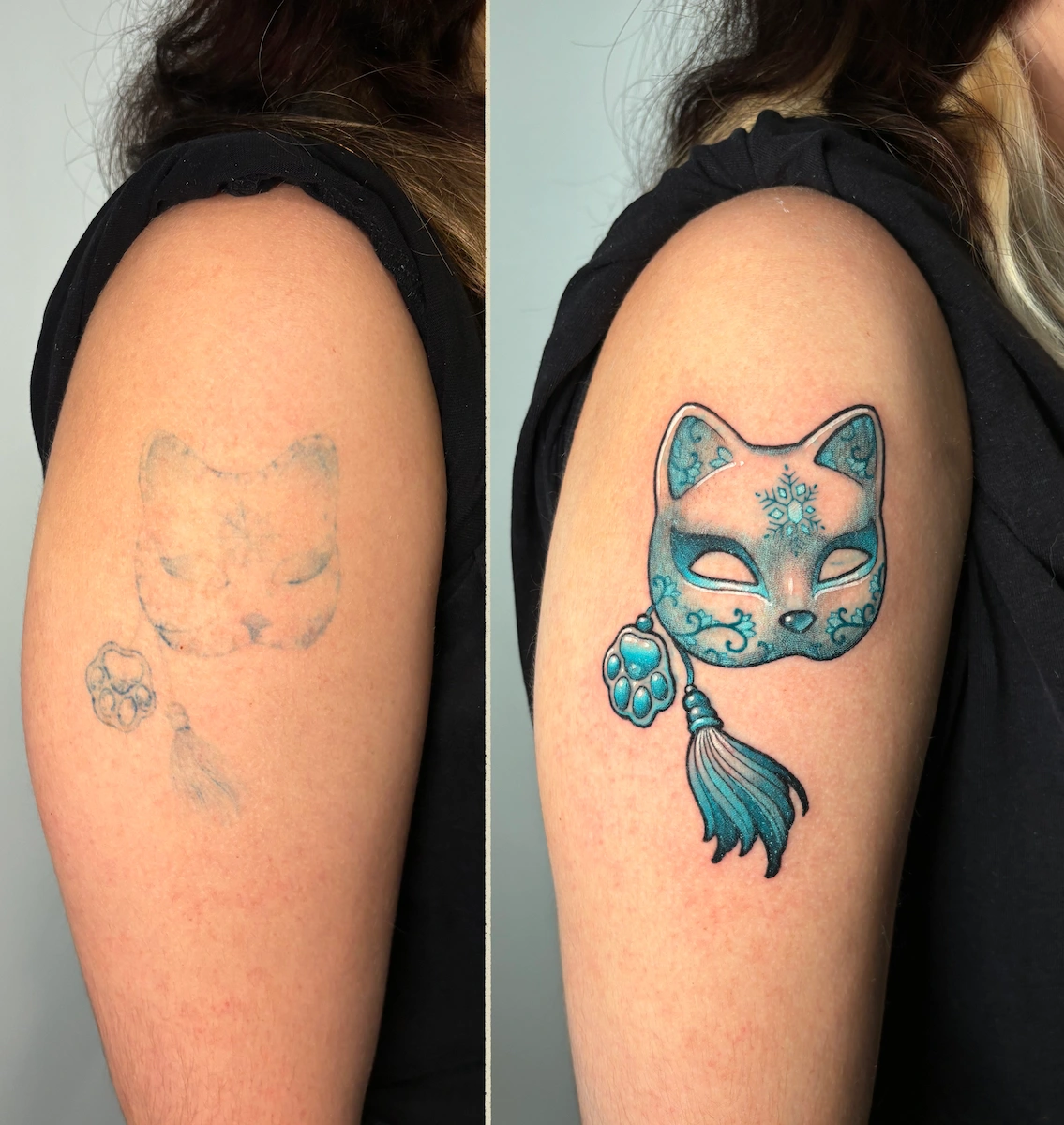 Rattrapage de tatouage représentant un masque de chat en porcelaine, réalisé en style néo-trad couleur – Jake Tattoo Parlor à Belfort.