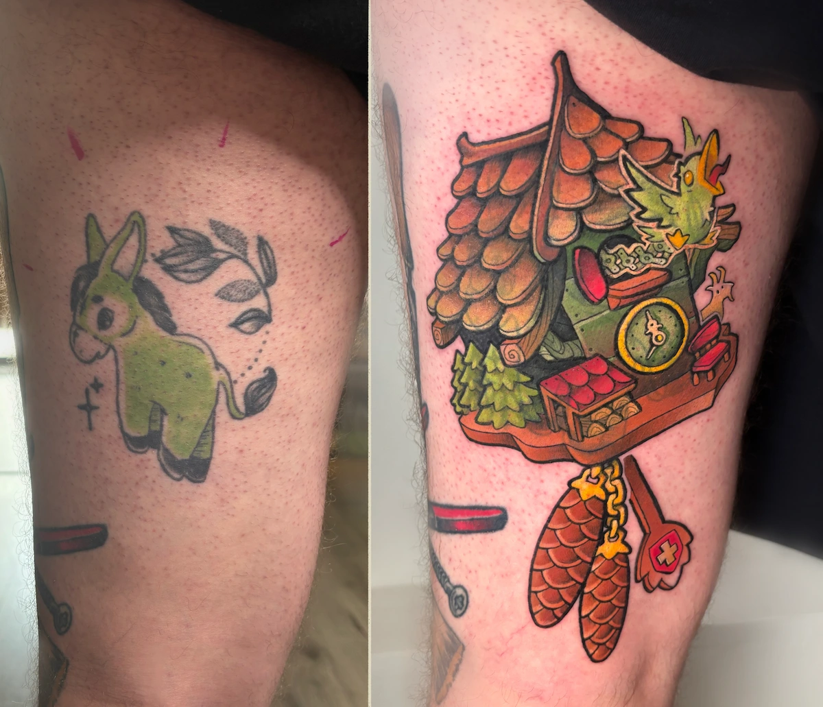 Recouvrement de tatouage en style New School couleur représentant un coucou suisse sur la cuisse – Jake Tattoo Parlor à Belfort.