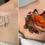 Recouvrement de tatouage représentant un renard en style néo-trad couleur avec des fraises – Jake Tattoo Parlor à Belfort.