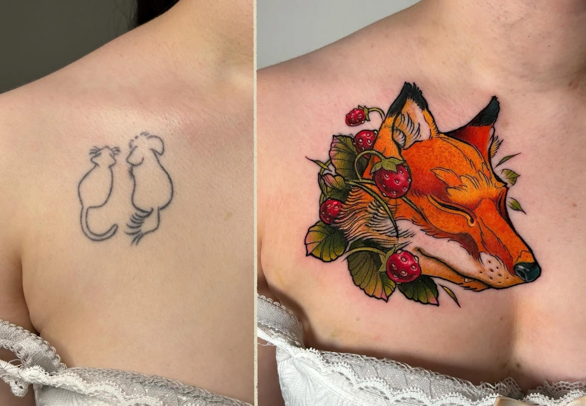 Recouvrement de tatouage représentant un renard en style néo-trad couleur avec des fraises – Jake Tattoo Parlor à Belfort.