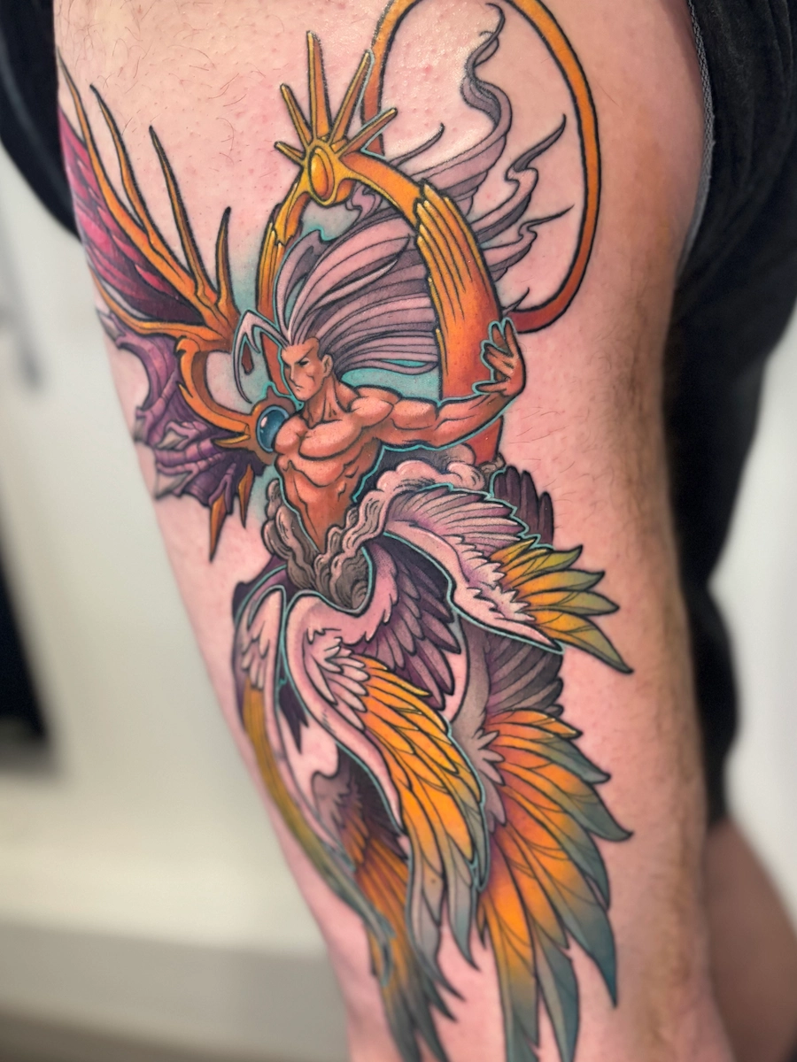 Tatouage couleur de Safer Sephiroth sur la cuisse – Jake Tattoo Parlor à Belfort.