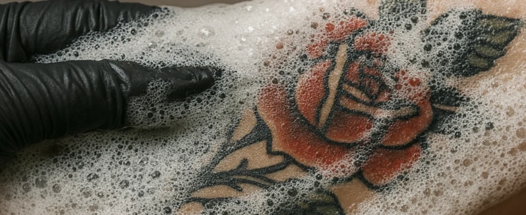 Tatouage en train d’être lavé pendant la phase de soin chez JAKE Tattoo Parlor