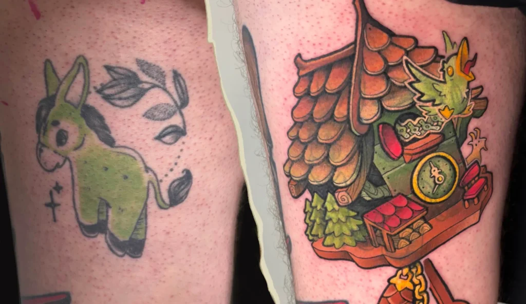 Avant / Après cover tatouage chez JAKE Tattoo Parlor Avant après recouvrement de tatouage réalisé chez JAKE Tattoo Parlor à Belfort