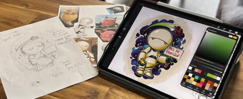 Processus de création d’un tatouage personnalisé avec croquis, photos de références et dessin final sur tablette chez JAKE Tattoo Parlor