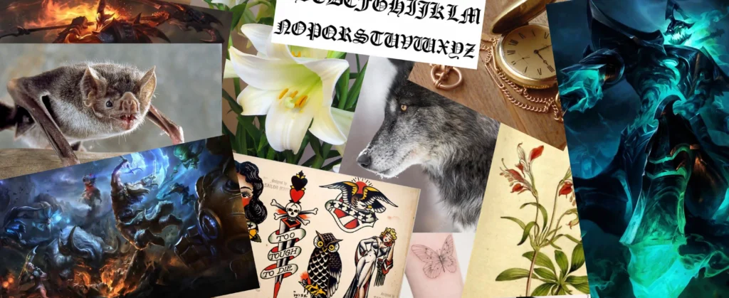 Montage de références visuelles utilisées pour la recherche d’inspiration lors de la création d’un projet de tatouage